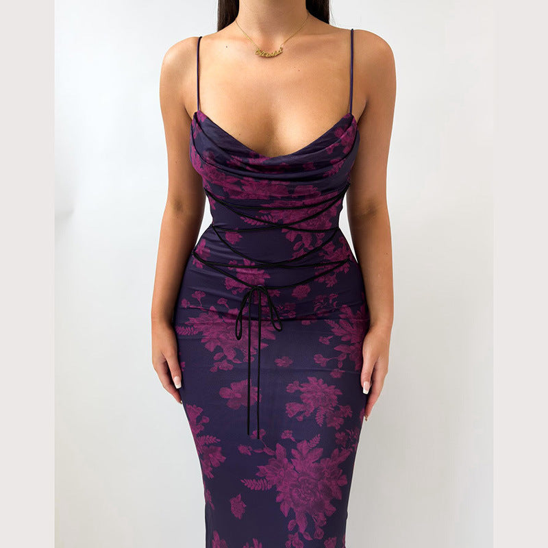 Women Clothing Strap Dress Floral Slim Fitting Sheath Print Pockets Collar Sling Dress