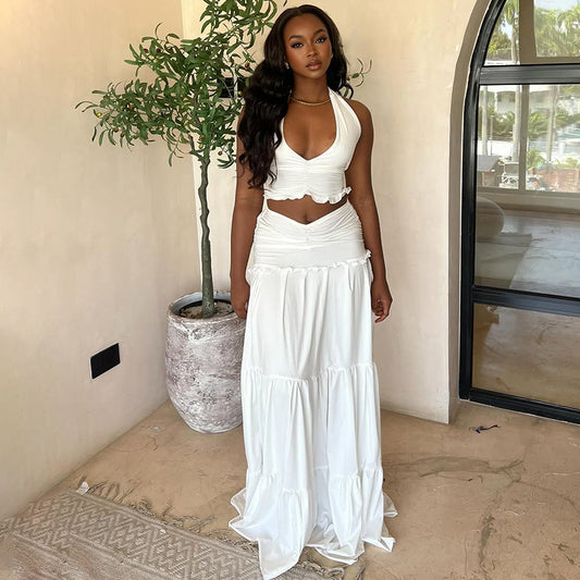 Lace Halterneck Vest Pleated Skirt Two Piece Set