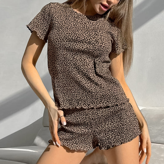 Ladies Leopard Print Short Sleeved Shorts Two Piece Sets Pajamas Summer Casual Simple round Neck Homewear