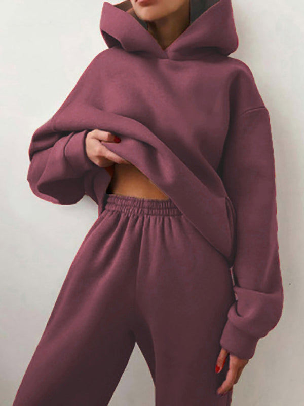 Women's solid color casual fashion trousers thickened long-sleeved hooded set