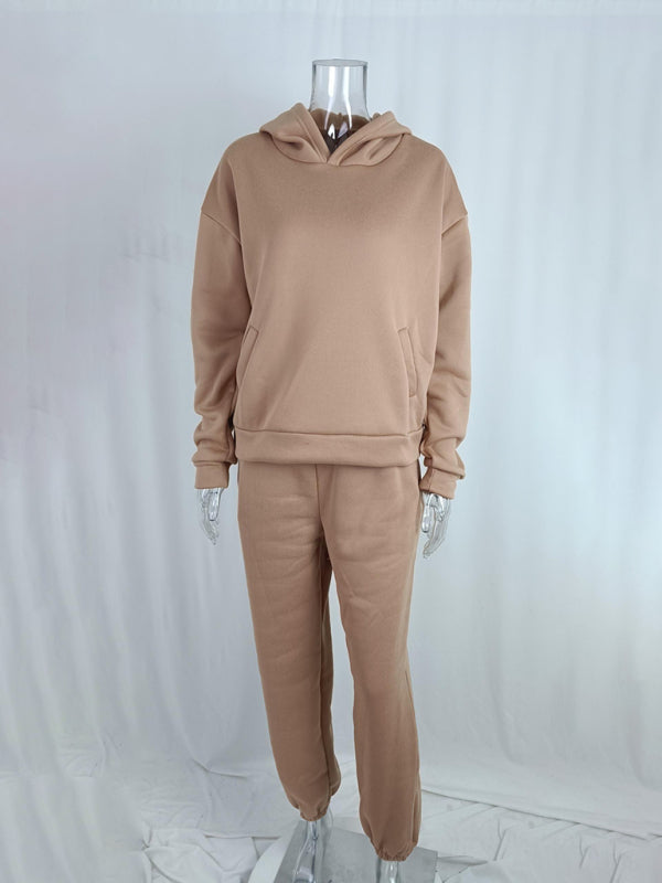 Women's solid color casual fashion trousers thickened long-sleeved hooded set