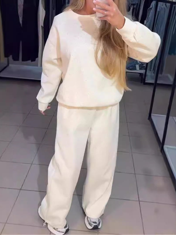 Women's casual round neck long sleeve full body hot diamond drawstring ankle two piece suit