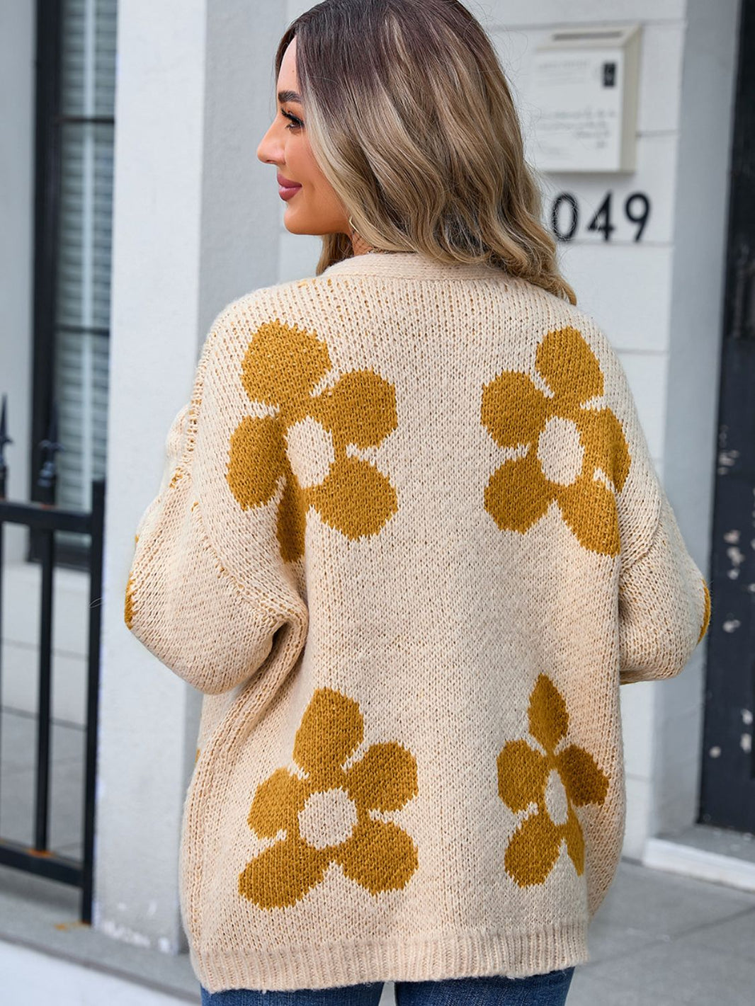 Floral Open Front Long Sleeve Cardigan | Ribbed Cuffs & Hem Acrylic Cardigan