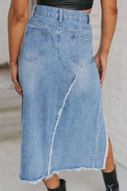 Slit Denim Skirt with Pockets