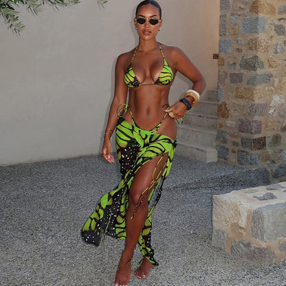 Spring Summer Women Printed Sexy Cropped Long Skirt Bikini Three Piece Sets