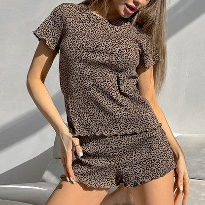 Ladies Leopard Print Short Sleeved Shorts Two Piece Sets Pajamas Summer Casual Simple round Neck Homewear