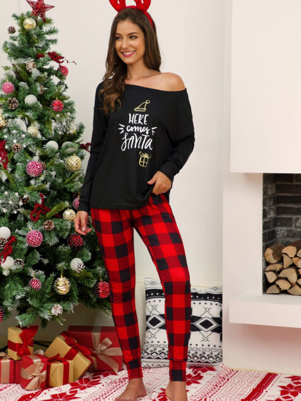Christmas Graphic Off Shoulder Plaid Pajama Set