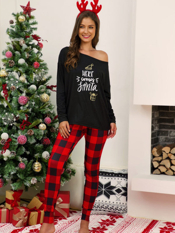 Christmas Graphic Off Shoulder Plaid Pajama Set