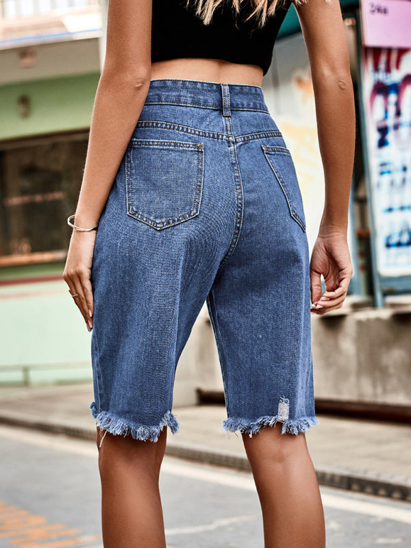 Summer new fashion ripped raw edge fringed five point jeans