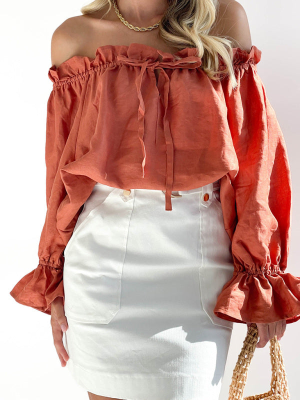 Elegant Bandage Loose Casual One Shoulder Balloon Sleeve Top