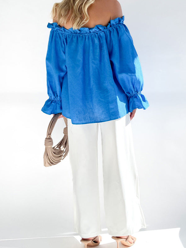 Elegant Bandage Loose Casual One Shoulder Balloon Sleeve Top