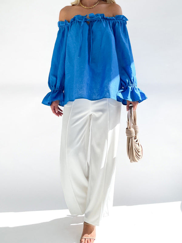 Elegant Bandage Loose Casual One Shoulder Balloon Sleeve Top