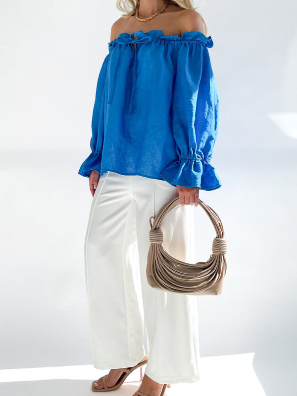 Elegant Bandage Loose Casual One Shoulder Balloon Sleeve Top