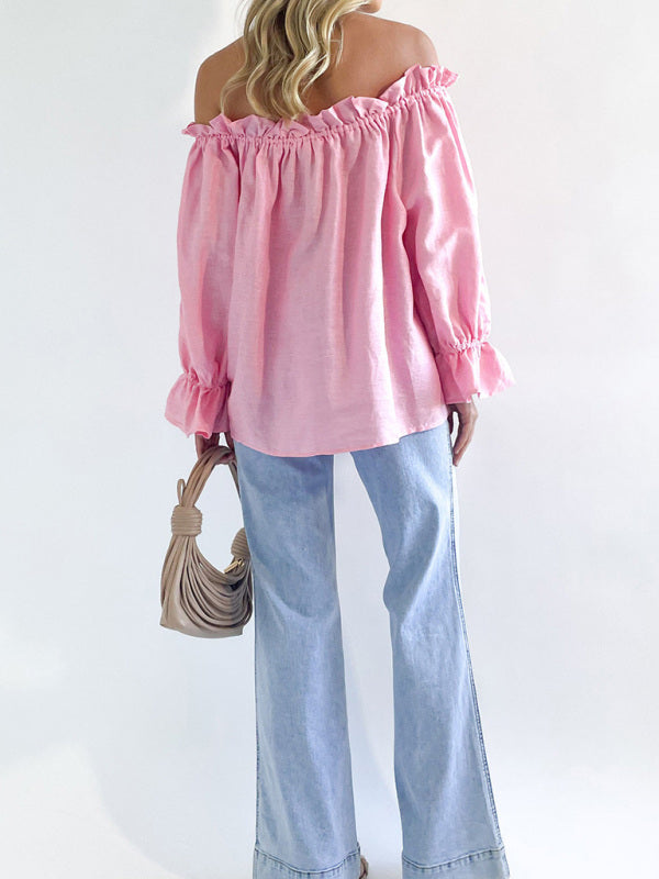 Elegant Bandage Loose Casual One Shoulder Balloon Sleeve Top