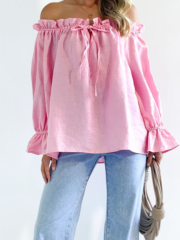Elegant Bandage Loose Casual One Shoulder Balloon Sleeve Top