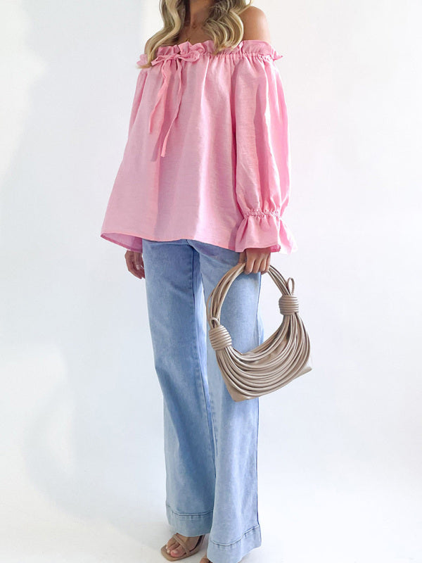 Elegant Bandage Loose Casual One Shoulder Balloon Sleeve Top