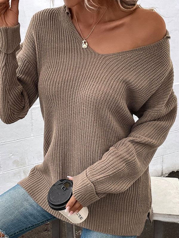 Long-sleeved solid color v-neck loose casual sweater