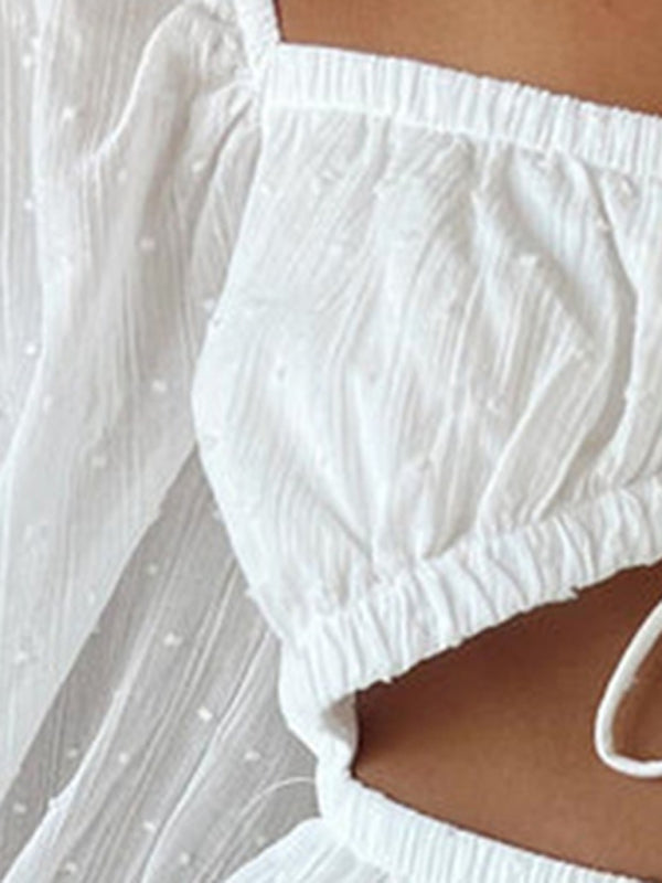 Women's elegant square-neck long-sleeved lace-up hollow short white dress