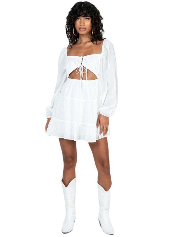 Women's elegant square-neck long-sleeved lace-up hollow short white dress