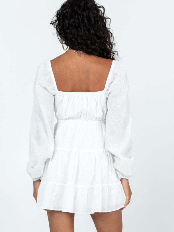 Women's elegant square-neck long-sleeved lace-up hollow short white dress