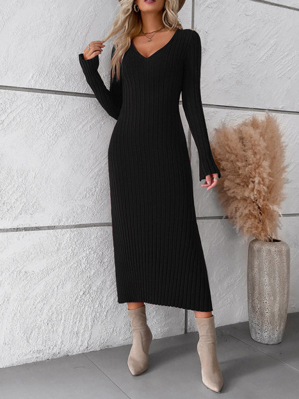 Women's new style elegant solid color v-neck long-sleeved sweater dress