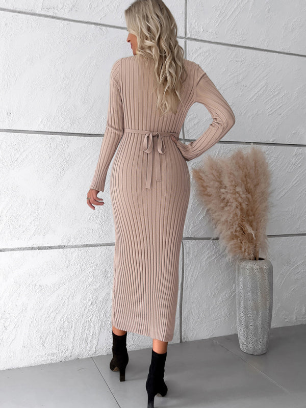Women's new style elegant solid color v-neck long-sleeved sweater dress