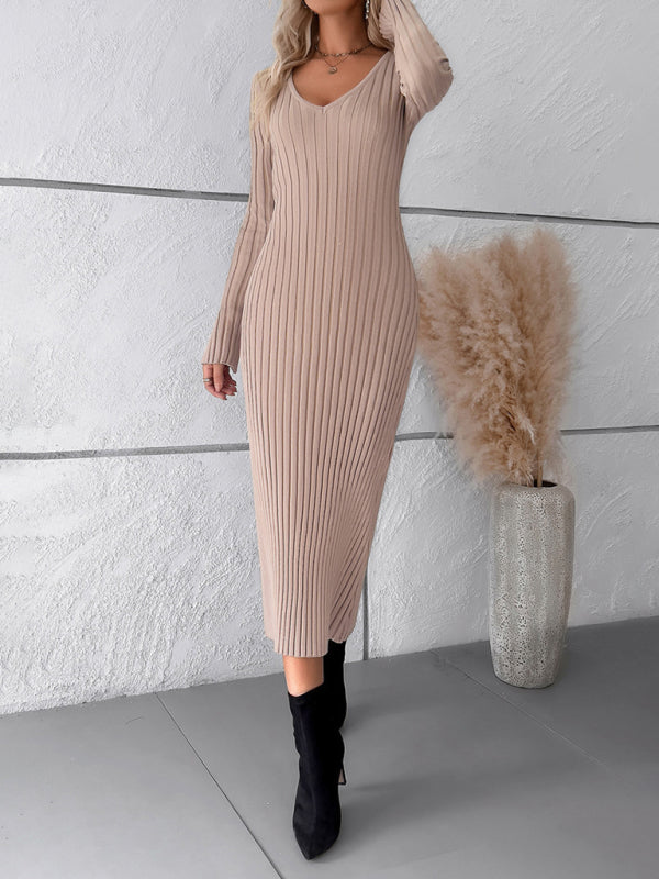 Women's new style elegant solid color v-neck long-sleeved sweater dress