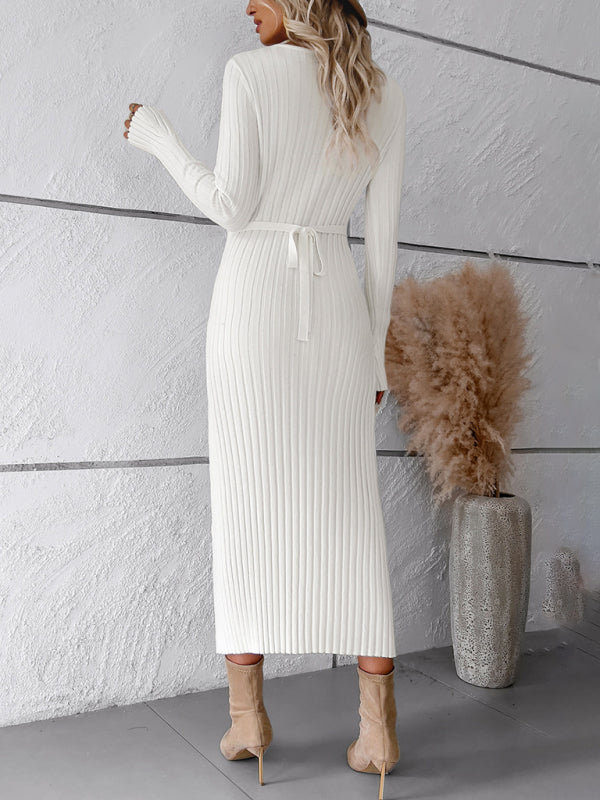 Women's new style elegant solid color v-neck long-sleeved sweater dress