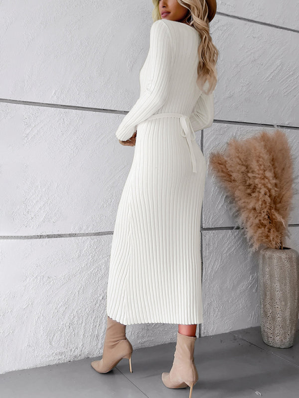 Women's new style elegant solid color v-neck long-sleeved sweater dress
