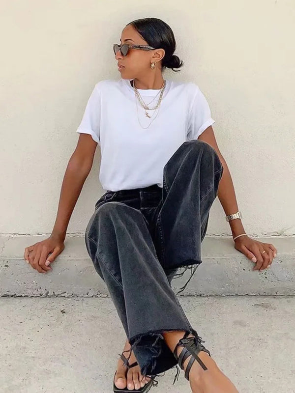 New high-waist floor-length loose slimming straight wide-leg jeans