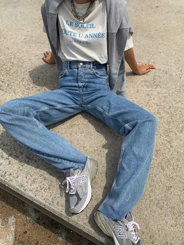 New high-waist floor-length loose slimming straight wide-leg jeans