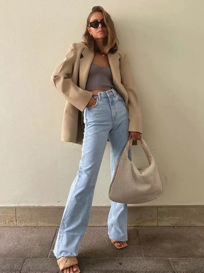 New high-waist floor-length loose slimming straight wide-leg jeans
