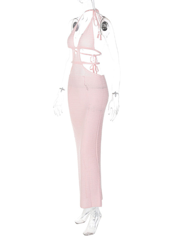 New Sexy Street Style Pure Desire Halter Neck Wrapped Chest Hollow Splicing Lace Up Dress