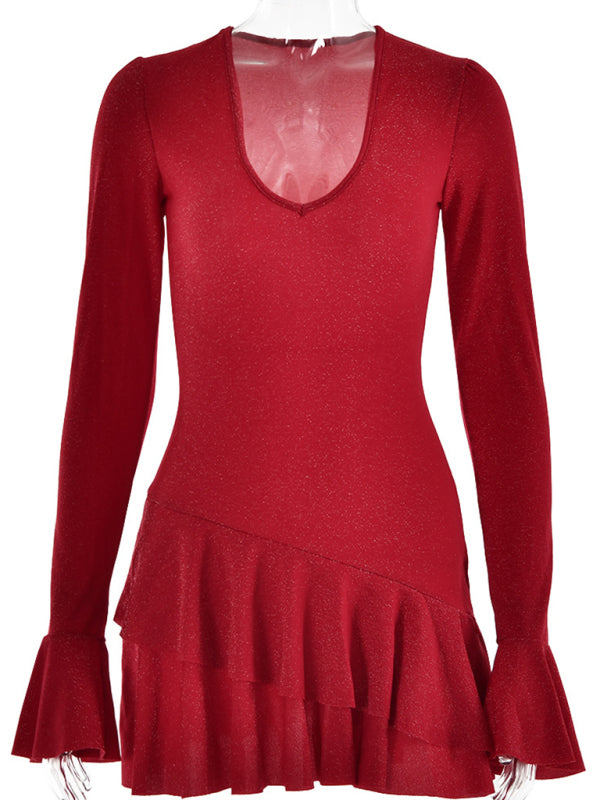 New deep V-neck dress for women, fashionable bell sleeves, tight and sexy hip-hugging short skirt