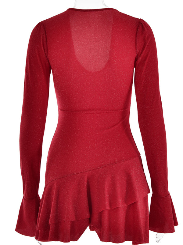 New deep V-neck dress for women, fashionable bell sleeves, tight and sexy hip-hugging short skirt