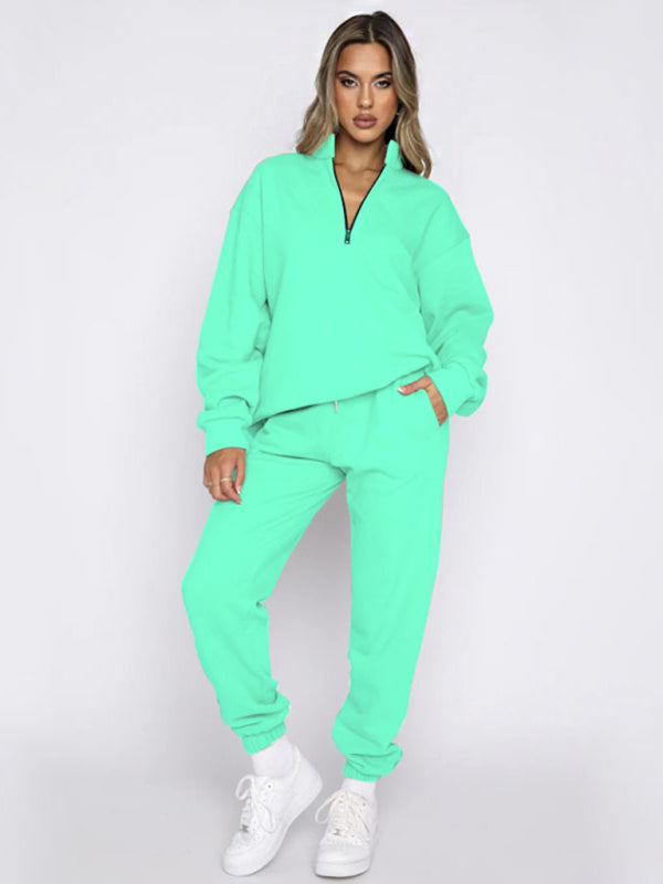 Women's new solid color stand-up collar zipper pullover long-sleeved sweatshirt and trousers suit