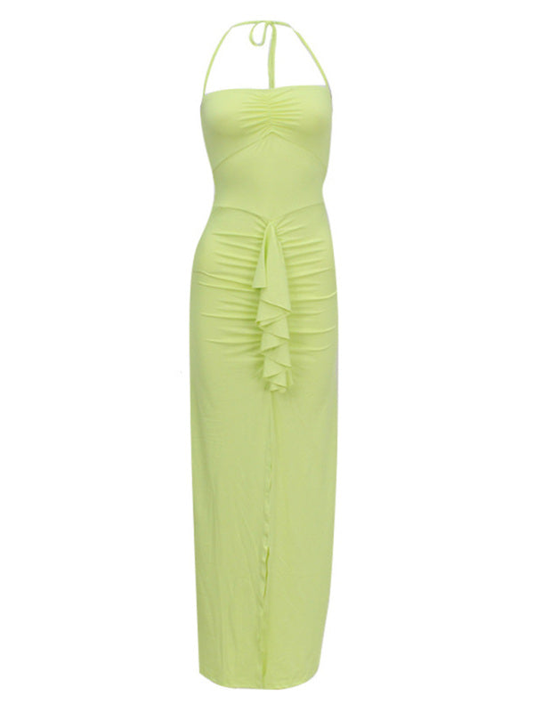 Women's new style halterneck lace-up slim-fit fungus pleated slit hot girl style dress
