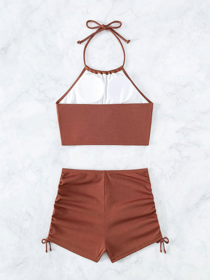 New solid color halter neck bikini split boxer briefs bikini swimsuit