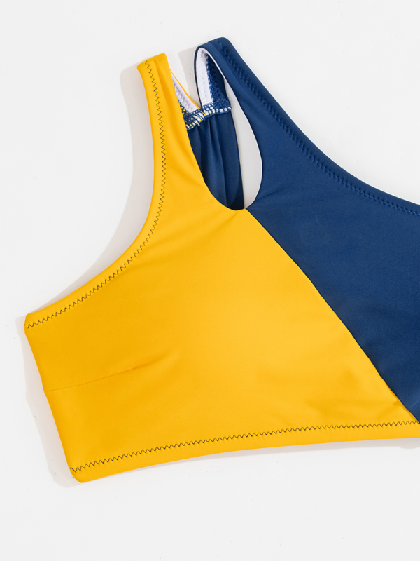 New color block one shoulder sexy split swimsuit beach bikini