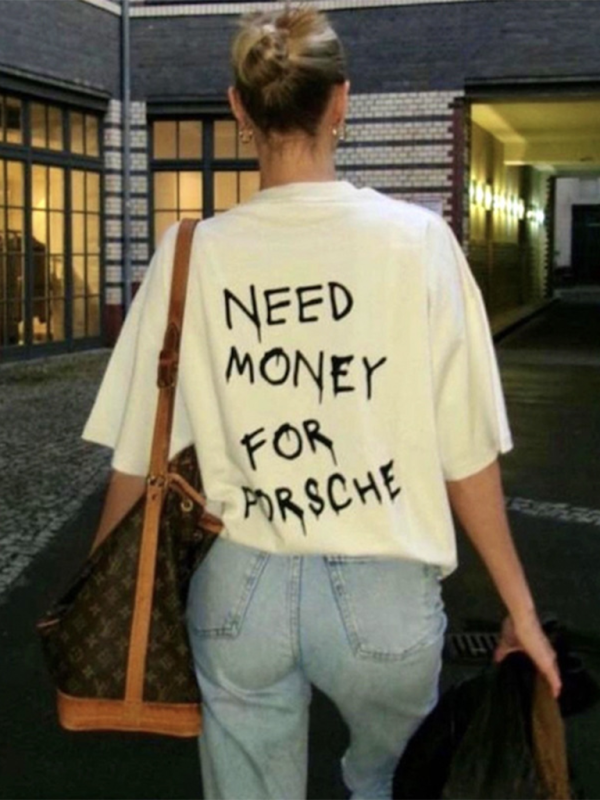 Letter Print Loose Wide Round Neck Short Sleeve Couple T-Shirt