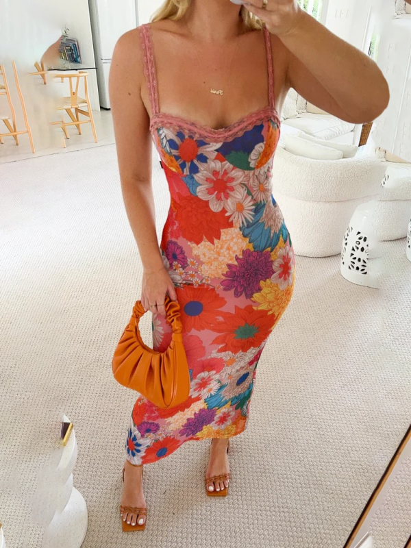 Casual One-shoulder Flower Printed Suspender Dress