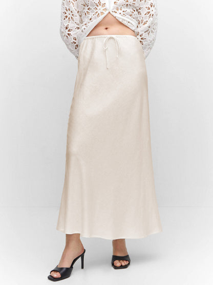 Satin Long Skirt High Waist Drawstring Tie Solid Color Halter Skirt