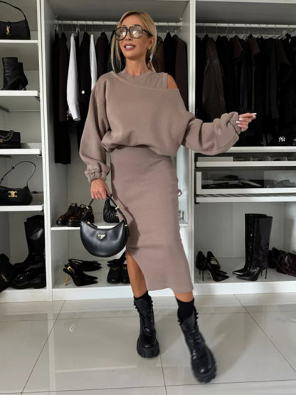 Loose-fitting bat sleeve short sweater vest long skirt suit