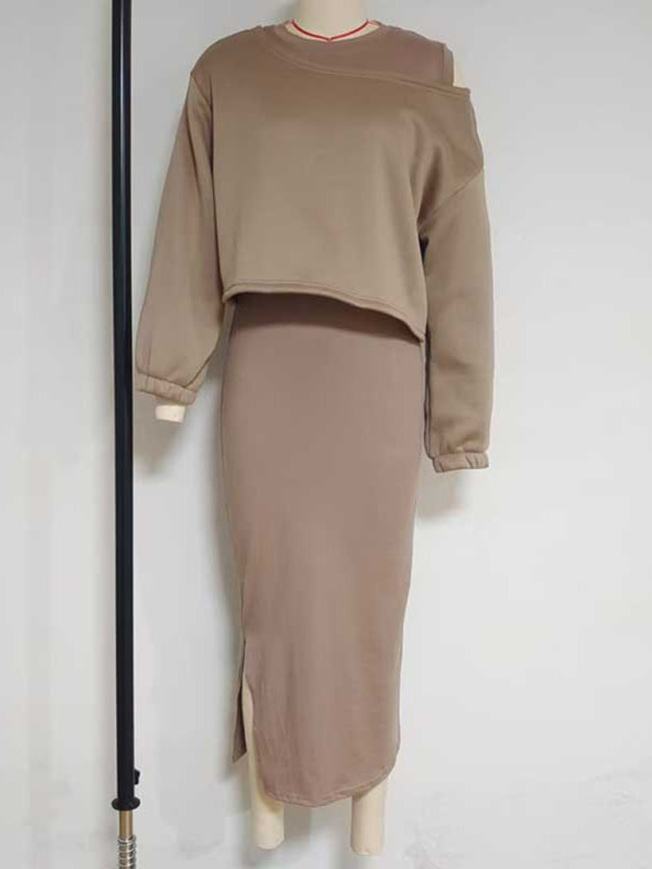 Loose-fitting bat sleeve short sweater vest long skirt suit