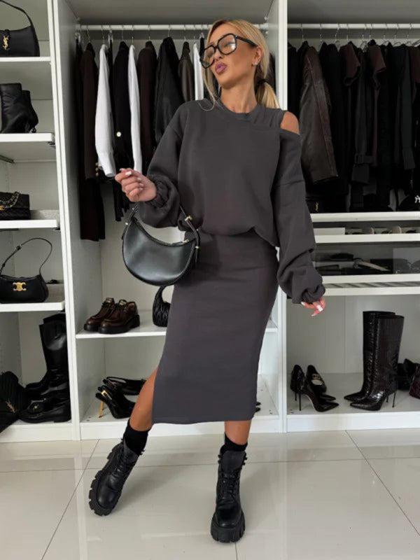 Loose-fitting bat sleeve short sweater vest long skirt suit