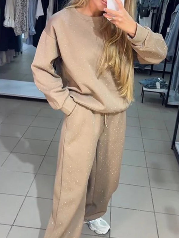 Women's casual round neck long sleeve full body hot diamond drawstring ankle two piece suit