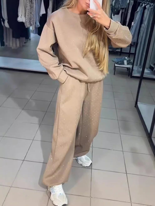 Women's casual round neck long sleeve full body hot diamond drawstring ankle two piece suit