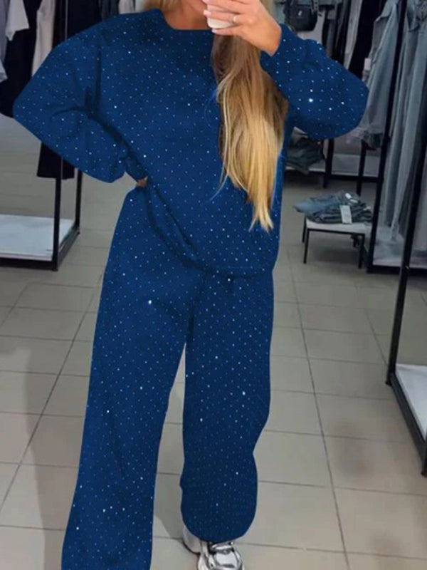 Women's casual round neck long sleeve full body hot diamond drawstring ankle two piece suit