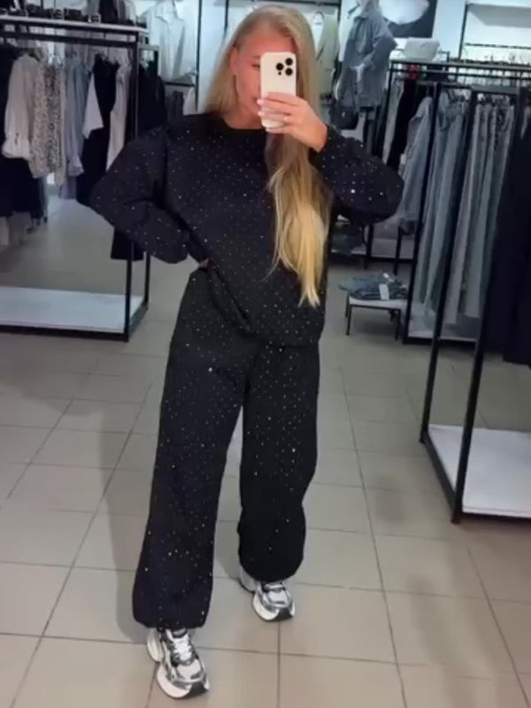 Women's casual round neck long sleeve full body hot diamond drawstring ankle two piece suit