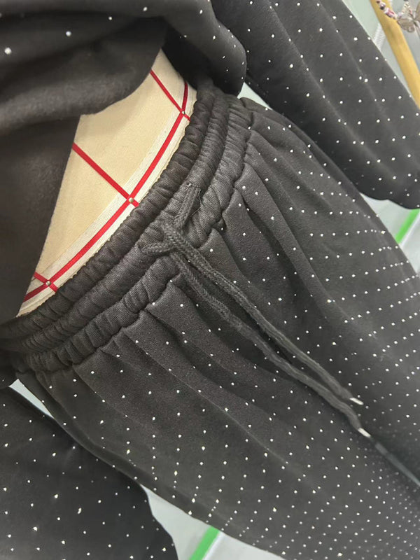 Women's casual round neck long sleeve full body hot diamond drawstring ankle two piece suit